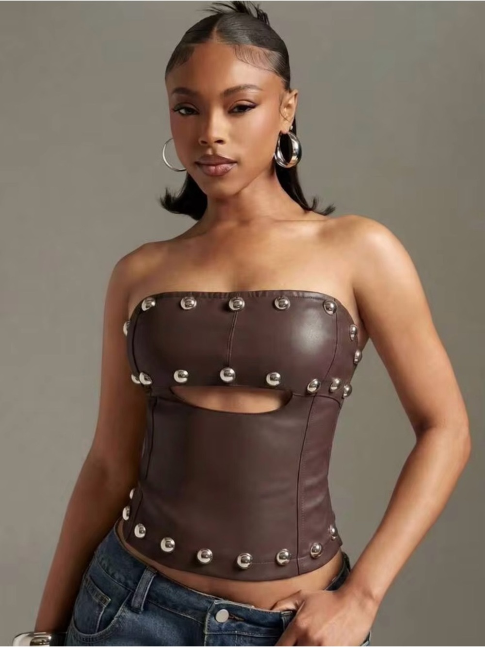 Brown Studded Faux Leather Strapless Bustier Top